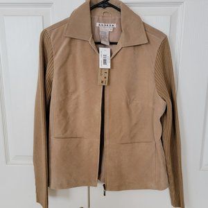 A.M.I Suede Leather Zip Up Jacket w Ribbed Stretch Sleeves in Camel NWT